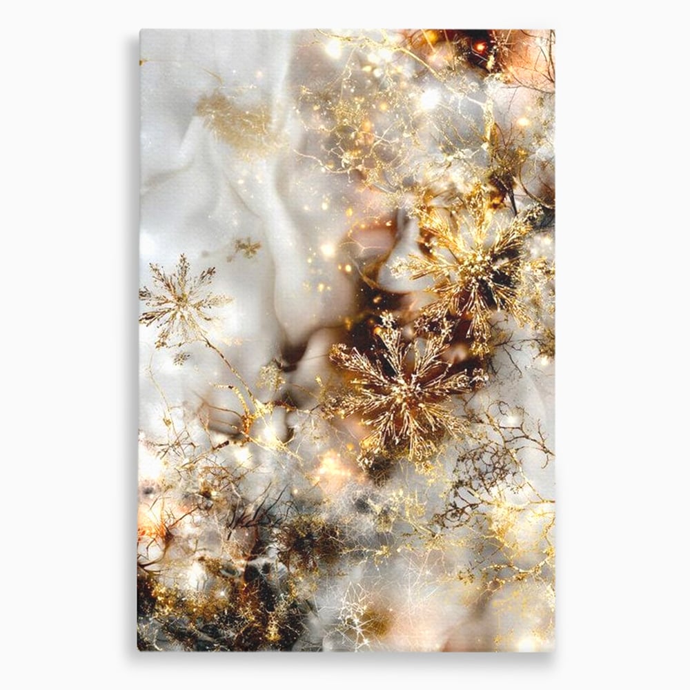 Tablou Canvas Premium, LuxCanva® D1067, Sclipire Inghetata, Aur, Iarna, Fragilitate, Fulgi, Lumina, Cristal,Dans, Alb, Eleganta, Rafinament, Frumusete, Abstracta, Stralucire, Camera Copil, Living, Dormitor