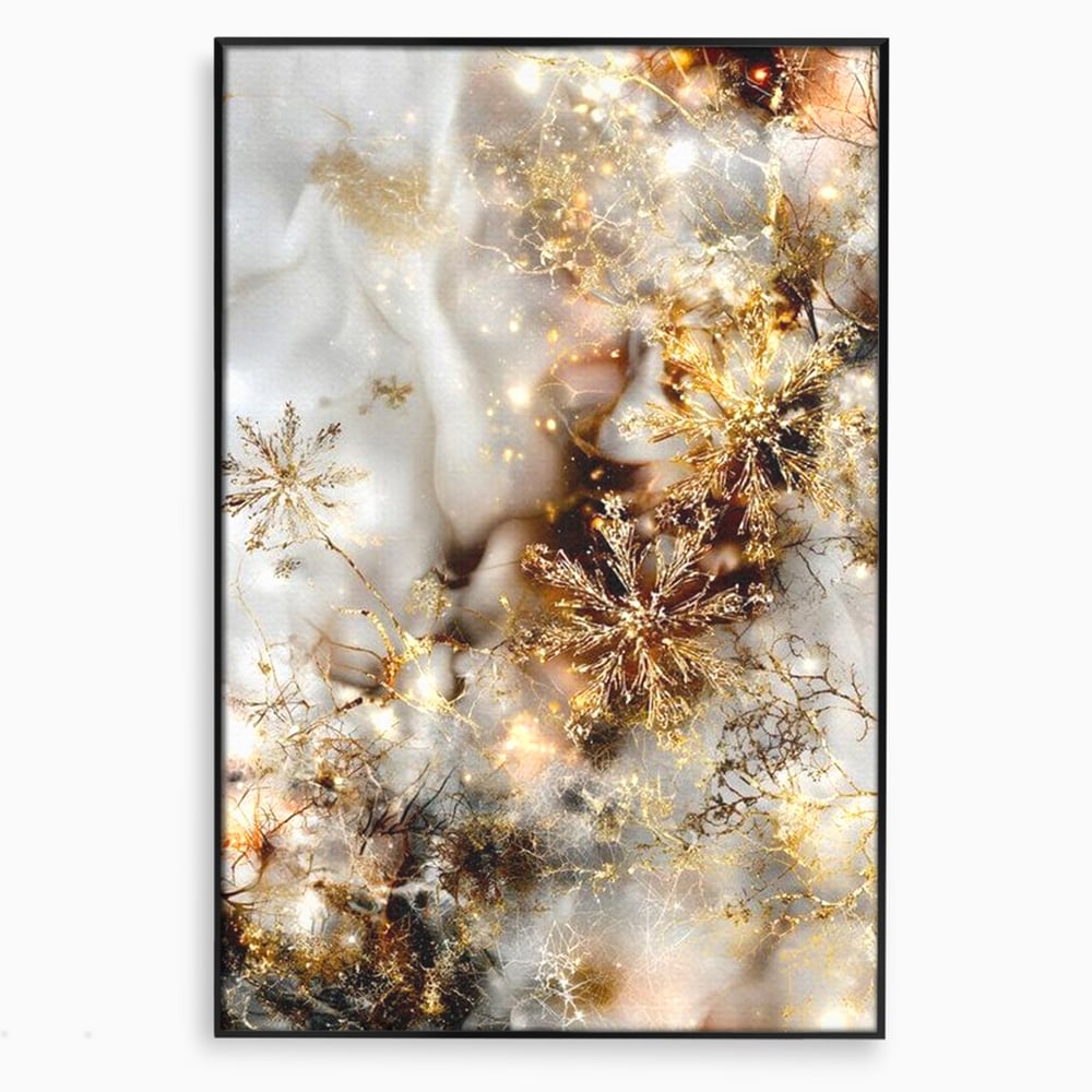 Tablou Canvas Premium, LuxCanva® D1067, Sclipire Inghetata, Aur, Iarna, Fragilitate, Fulgi, Lumina, Cristal,Dans, Alb, Eleganta, Rafinament, Frumusete, Abstracta, Stralucire, Camera Copil, Living, Dormitor