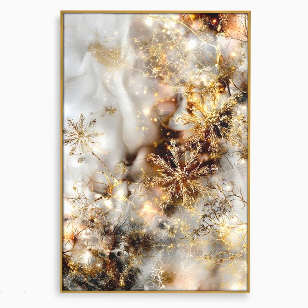 Tablou Canvas Premium, LuxCanva® D1067, Sclipire Inghetata, Aur, Iarna, Fragilitate, Fulgi, Lumina, Cristal,Dans, Alb, Eleganta, Rafinament, Frumusete, Abstracta, Stralucire, Camera Copil, Living, Dormitor