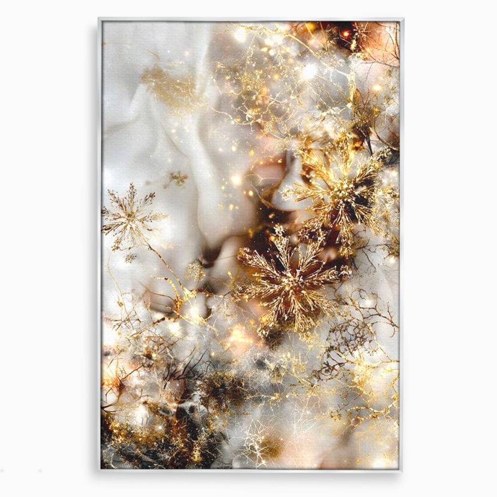 Tablou Canvas Premium, LuxCanva® D1067, Sclipire Inghetata, Aur, Iarna, Fragilitate, Fulgi, Lumina, Cristal,Dans, Alb, Eleganta, Rafinament, Frumusete, Abstracta, Stralucire, Camera Copil, Living, Dormitor