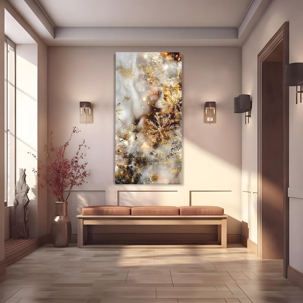 Tablou Canvas Premium, LuxCanva® D1067, Sclipire Inghetata, Aur, Iarna, Fragilitate, Fulgi, Lumina, Cristal,Dans, Alb, Eleganta, Rafinament, Frumusete, Abstracta, Stralucire, Camera Copil, Living, Dormitor