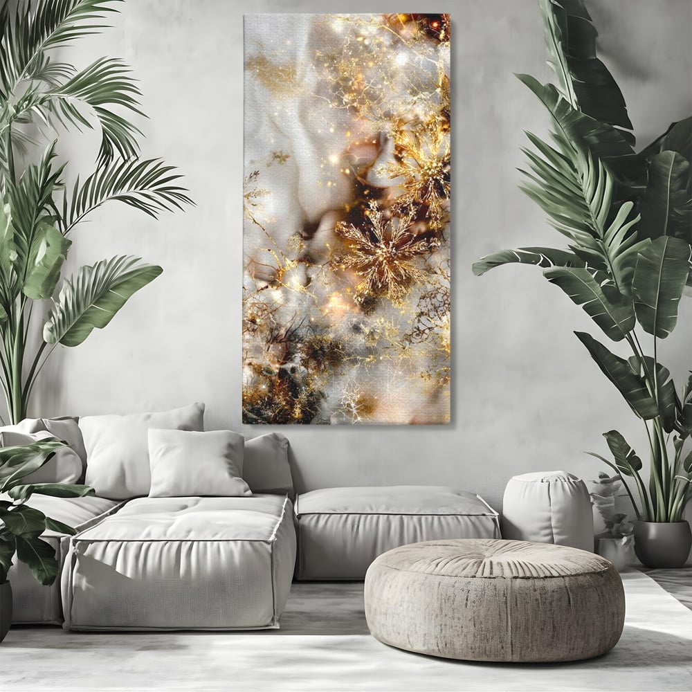 Tablou Canvas Premium, LuxCanva® D1067, Sclipire Inghetata, Aur, Iarna, Fragilitate, Fulgi, Lumina, Cristal,Dans, Alb, Eleganta, Rafinament, Frumusete, Abstracta, Stralucire, Camera Copil, Living, Dormitor