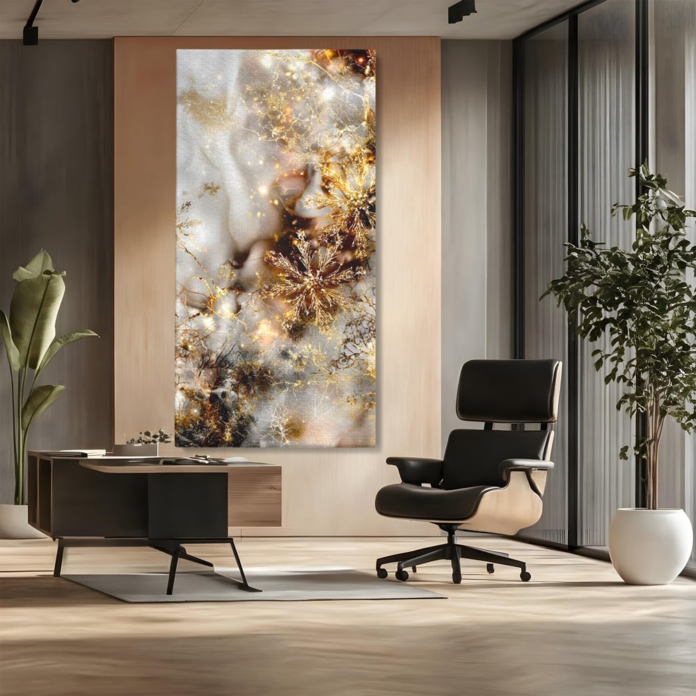 Tablou Canvas Premium, LuxCanva® D1067, Sclipire Inghetata, Aur, Iarna, Fragilitate, Fulgi, Lumina, Cristal,Dans, Alb, Eleganta, Rafinament, Frumusete, Abstracta, Stralucire, Camera Copil, Living, Dormitor