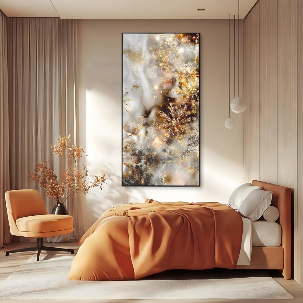Tablou Canvas Premium, LuxCanva® D1067, Sclipire Inghetata, Aur, Iarna, Fragilitate, Fulgi, Lumina, Cristal,Dans, Alb, Eleganta, Rafinament, Frumusete, Abstracta, Stralucire, Camera Copil, Living, Dormitor