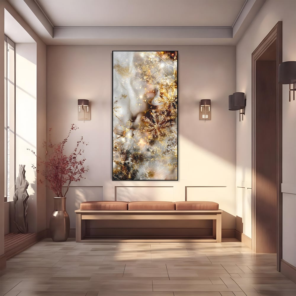 Tablou Canvas Premium, LuxCanva® D1067, Sclipire Inghetata, Aur, Iarna, Fragilitate, Fulgi, Lumina, Cristal,Dans, Alb, Eleganta, Rafinament, Frumusete, Abstracta, Stralucire, Camera Copil, Living, Dormitor