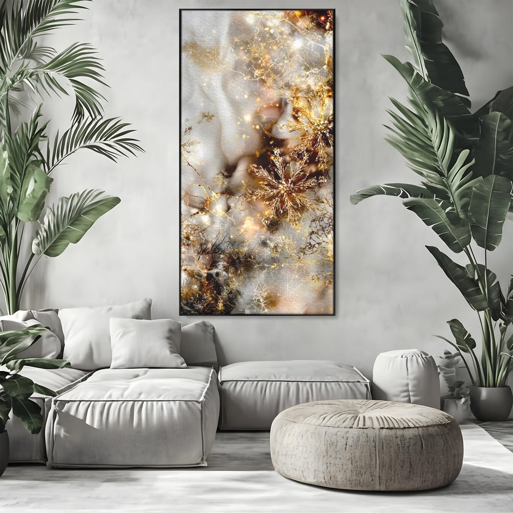 Tablou Canvas Premium, LuxCanva® D1067, Sclipire Inghetata, Aur, Iarna, Fragilitate, Fulgi, Lumina, Cristal,Dans, Alb, Eleganta, Rafinament, Frumusete, Abstracta, Stralucire, Camera Copil, Living, Dormitor