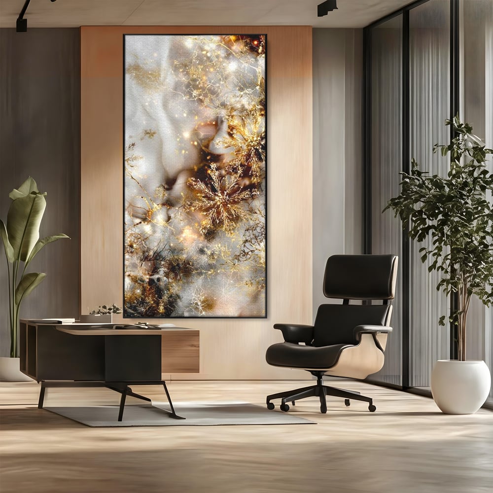 Tablou Canvas Premium, LuxCanva® D1067, Sclipire Inghetata, Aur, Iarna, Fragilitate, Fulgi, Lumina, Cristal,Dans, Alb, Eleganta, Rafinament, Frumusete, Abstracta, Stralucire, Camera Copil, Living, Dormitor