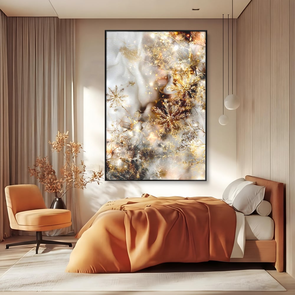 Tablou Canvas Premium, LuxCanva® D1067, Sclipire Inghetata, Aur, Iarna, Fragilitate, Fulgi, Lumina, Cristal,Dans, Alb, Eleganta, Rafinament, Frumusete, Abstracta, Stralucire, Camera Copil, Living, Dormitor