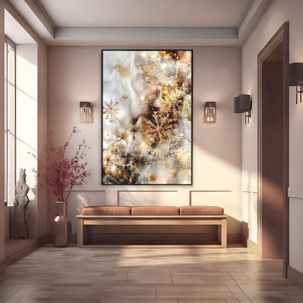 Tablou Canvas Premium, LuxCanva® D1067, Sclipire Inghetata, Aur, Iarna, Fragilitate, Fulgi, Lumina, Cristal,Dans, Alb, Eleganta, Rafinament, Frumusete, Abstracta, Stralucire, Camera Copil, Living, Dormitor