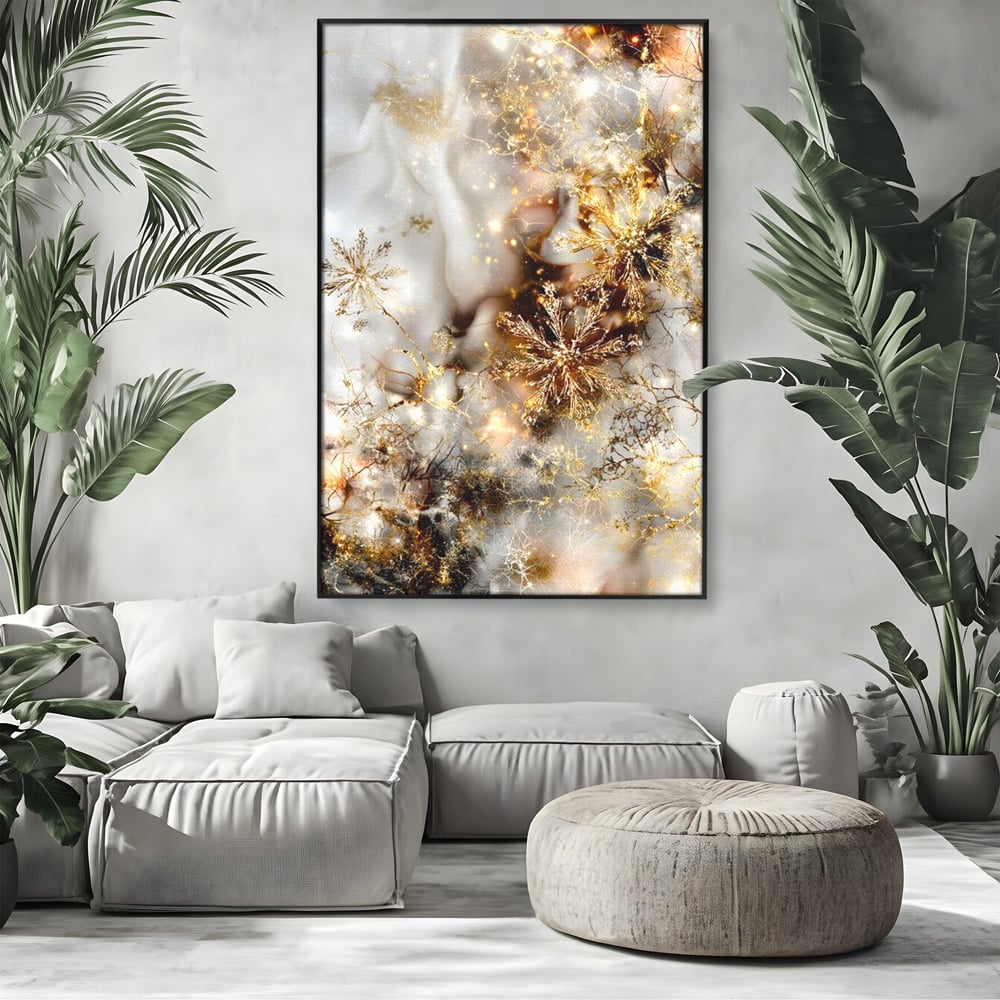 Tablou Canvas Premium, LuxCanva® D1067, Sclipire Inghetata, Aur, Iarna, Fragilitate, Fulgi, Lumina, Cristal,Dans, Alb, Eleganta, Rafinament, Frumusete, Abstracta, Stralucire, Camera Copil, Living, Dormitor