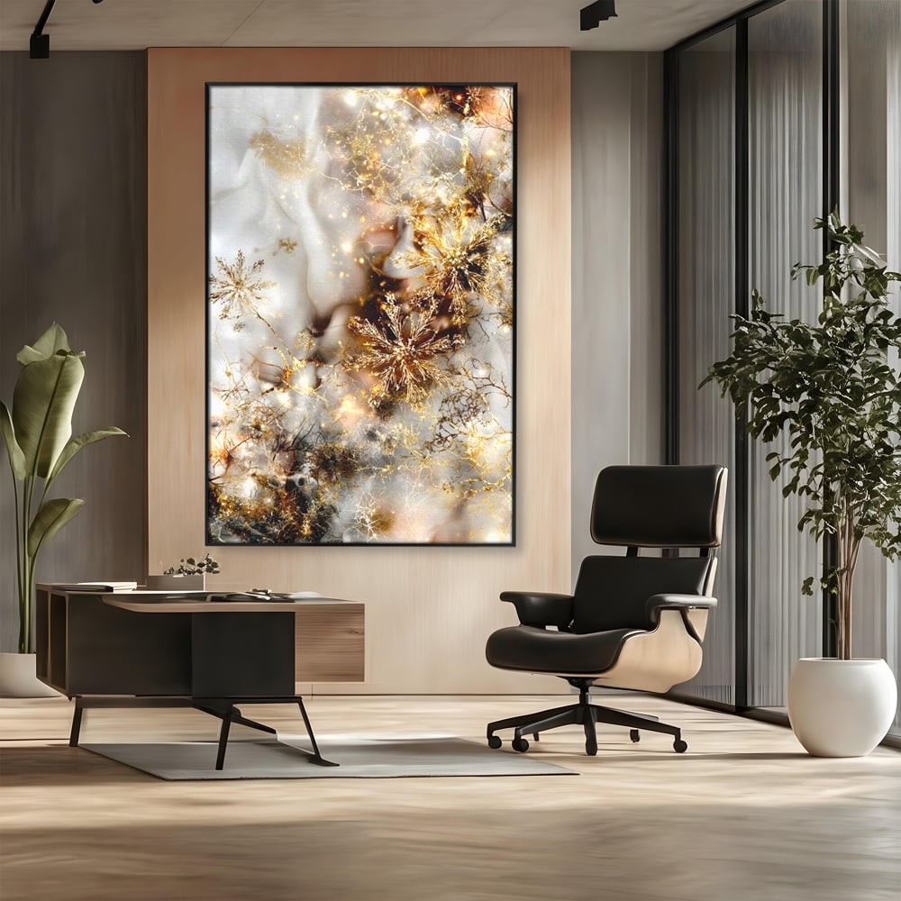 Tablou Canvas Premium, LuxCanva® D1067, Sclipire Inghetata, Aur, Iarna, Fragilitate, Fulgi, Lumina, Cristal,Dans, Alb, Eleganta, Rafinament, Frumusete, Abstracta, Stralucire, Camera Copil, Living, Dormitor