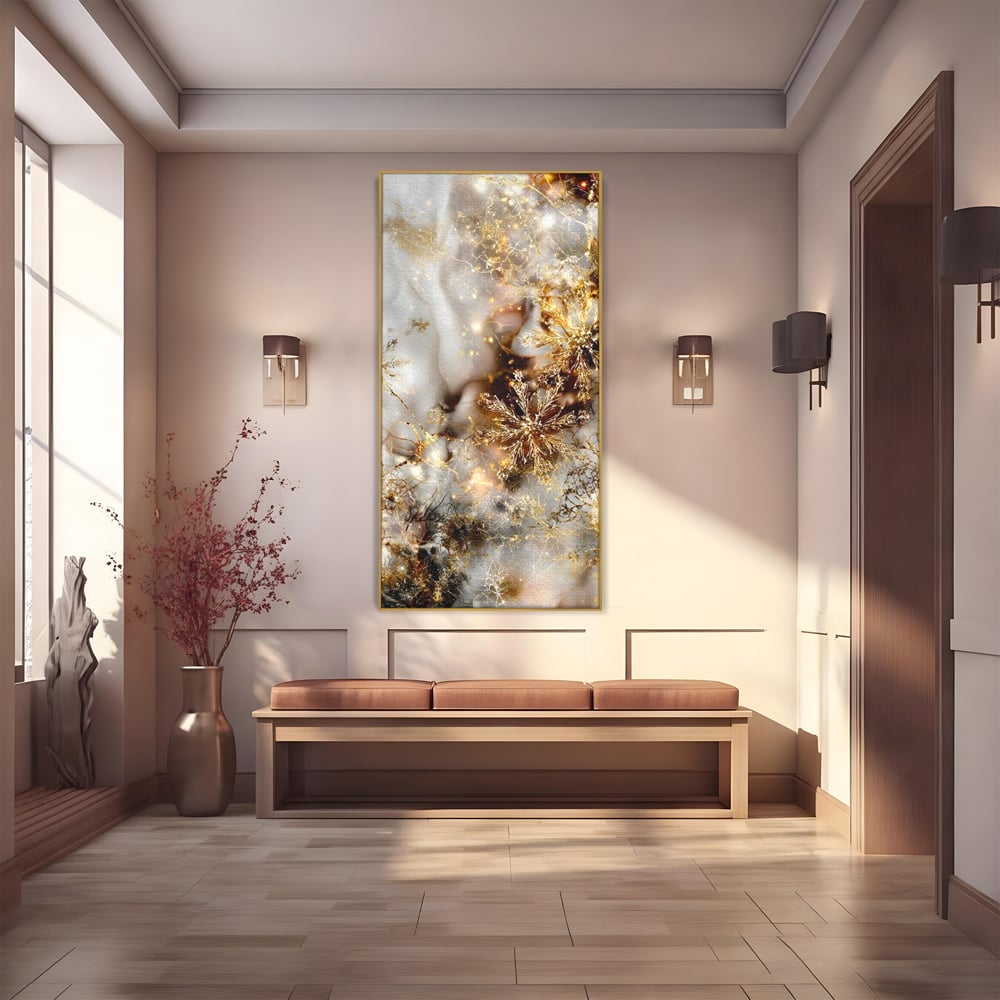 Tablou Canvas Premium, LuxCanva® D1067, Sclipire Inghetata, Aur, Iarna, Fragilitate, Fulgi, Lumina, Cristal,Dans, Alb, Eleganta, Rafinament, Frumusete, Abstracta, Stralucire, Camera Copil, Living, Dormitor