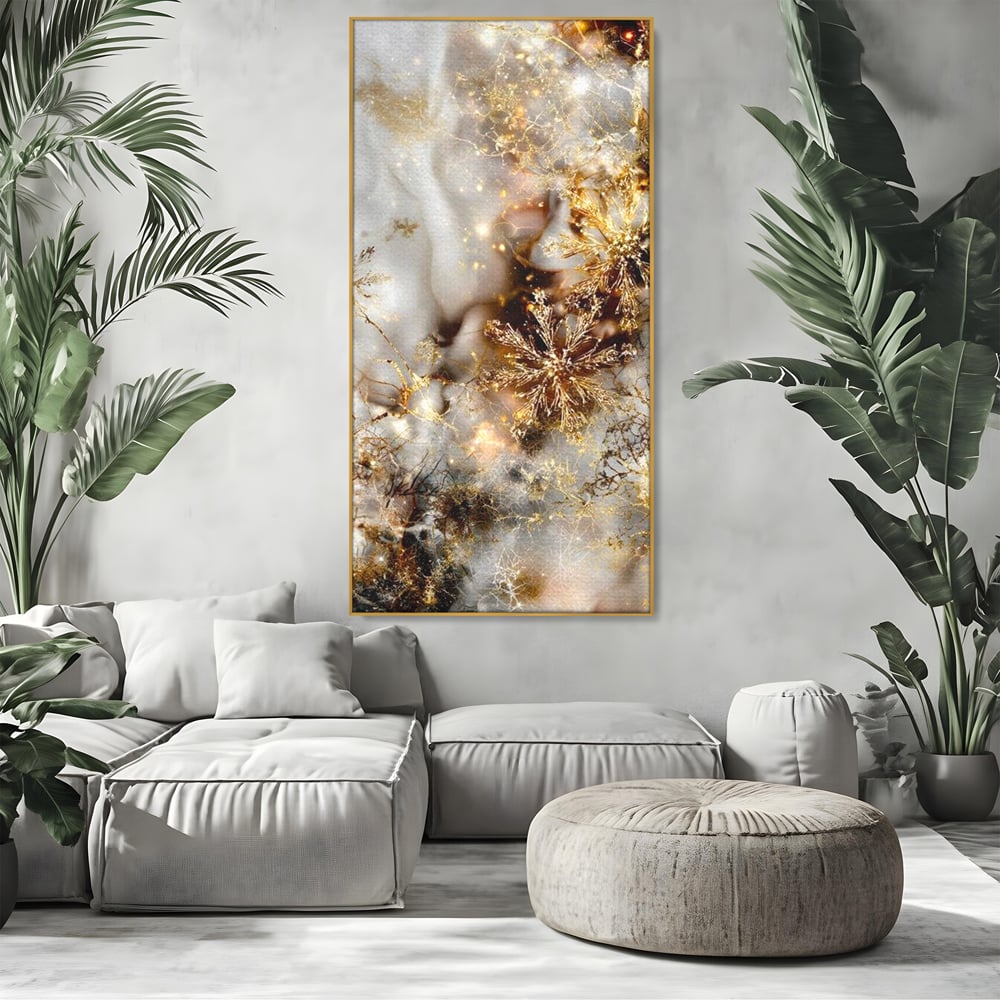 Tablou Canvas Premium, LuxCanva® D1067, Sclipire Inghetata, Aur, Iarna, Fragilitate, Fulgi, Lumina, Cristal,Dans, Alb, Eleganta, Rafinament, Frumusete, Abstracta, Stralucire, Camera Copil, Living, Dormitor