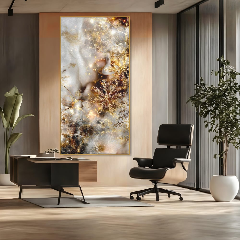 Tablou Canvas Premium, LuxCanva® D1067, Sclipire Inghetata, Aur, Iarna, Fragilitate, Fulgi, Lumina, Cristal,Dans, Alb, Eleganta, Rafinament, Frumusete, Abstracta, Stralucire, Camera Copil, Living, Dormitor