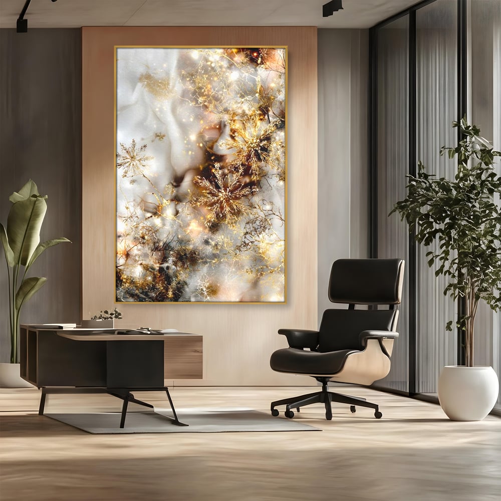 Tablou Canvas Premium, LuxCanva® D1067, Sclipire Inghetata, Aur, Iarna, Fragilitate, Fulgi, Lumina, Cristal,Dans, Alb, Eleganta, Rafinament, Frumusete, Abstracta, Stralucire, Camera Copil, Living, Dormitor