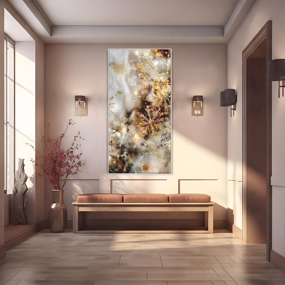 Tablou Canvas Premium, LuxCanva® D1067, Sclipire Inghetata, Aur, Iarna, Fragilitate, Fulgi, Lumina, Cristal,Dans, Alb, Eleganta, Rafinament, Frumusete, Abstracta, Stralucire, Camera Copil, Living, Dormitor