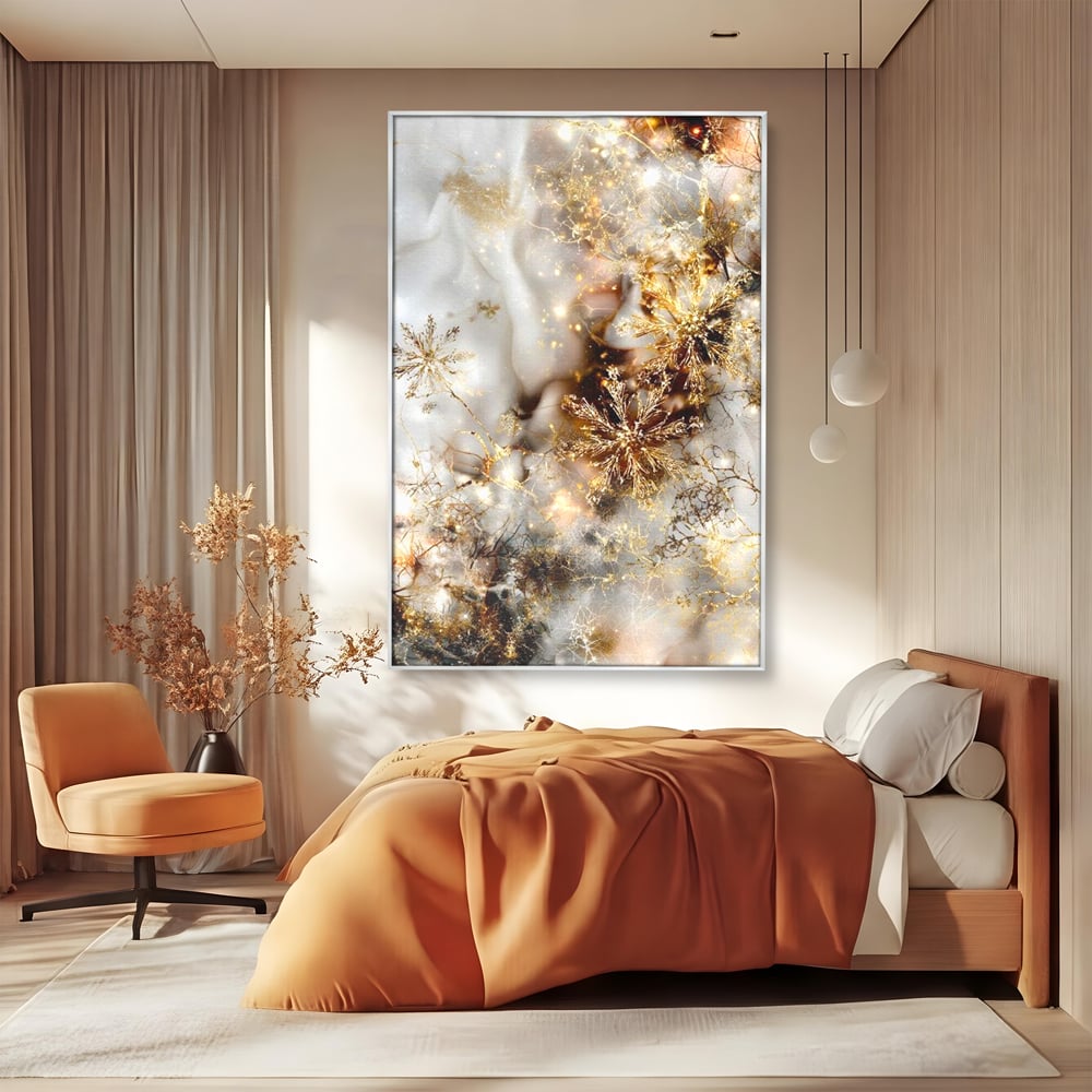 Tablou Canvas Premium, LuxCanva® D1067, Sclipire Inghetata, Aur, Iarna, Fragilitate, Fulgi, Lumina, Cristal,Dans, Alb, Eleganta, Rafinament, Frumusete, Abstracta, Stralucire, Camera Copil, Living, Dormitor