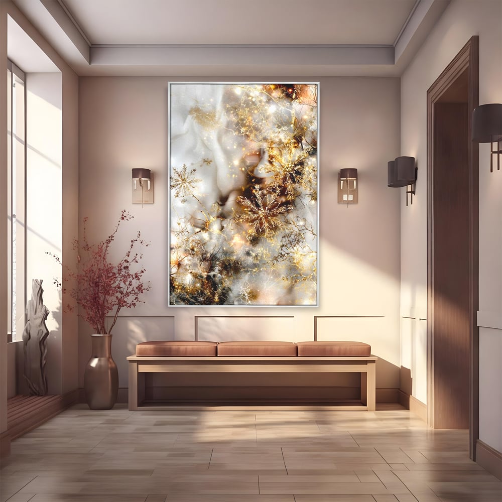 Tablou Canvas Premium, LuxCanva® D1067, Sclipire Inghetata, Aur, Iarna, Fragilitate, Fulgi, Lumina, Cristal,Dans, Alb, Eleganta, Rafinament, Frumusete, Abstracta, Stralucire, Camera Copil, Living, Dormitor