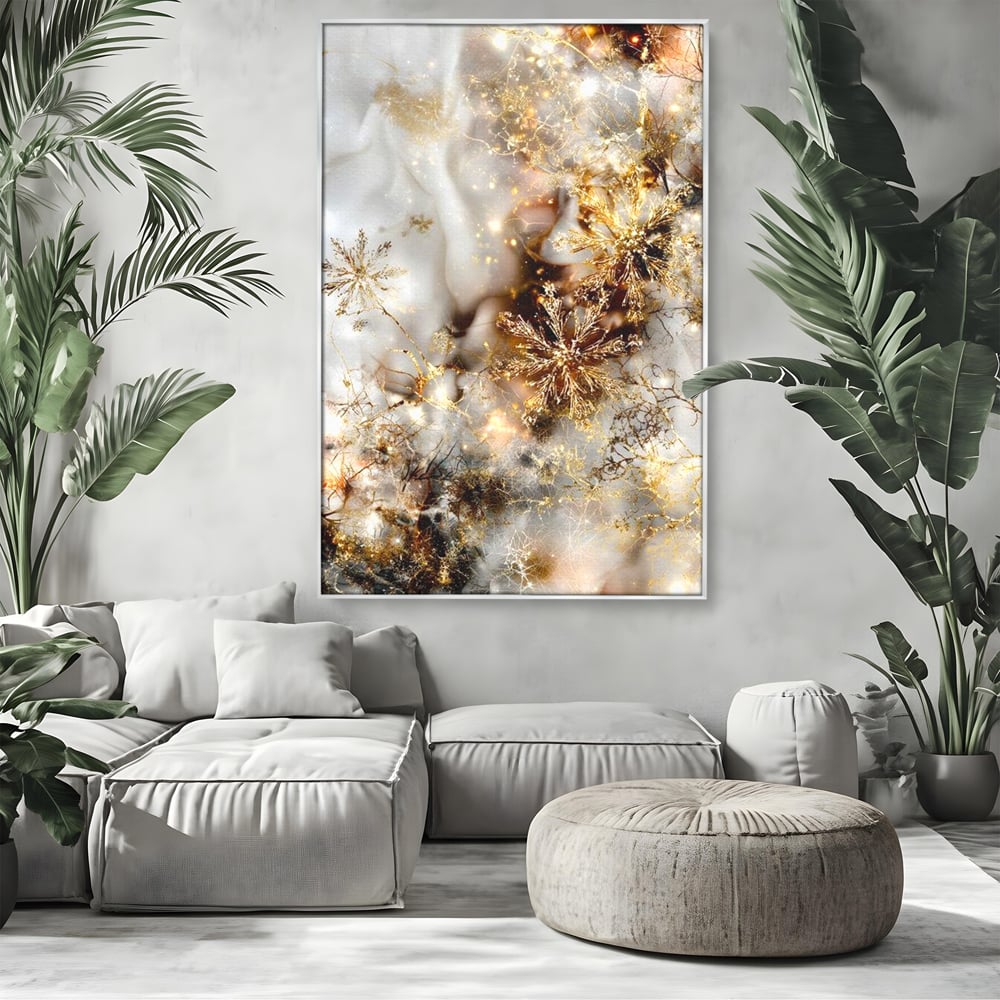 Tablou Canvas Premium, LuxCanva® D1067, Sclipire Inghetata, Aur, Iarna, Fragilitate, Fulgi, Lumina, Cristal,Dans, Alb, Eleganta, Rafinament, Frumusete, Abstracta, Stralucire, Camera Copil, Living, Dormitor