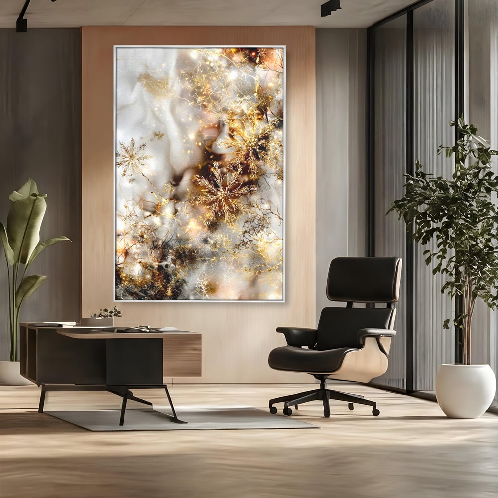 Tablou Canvas Premium, LuxCanva® D1067, Sclipire Inghetata, Aur, Iarna, Fragilitate, Fulgi, Lumina, Cristal,Dans, Alb, Eleganta, Rafinament, Frumusete, Abstracta, Stralucire, Camera Copil, Living, Dormitor
