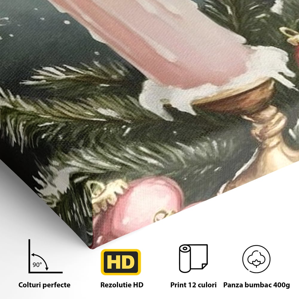 Tablou Canvas Premium, LuxCanva® D1070, Lumina de Craciun, Lumanare, Roz, Globuri, Flacara, Crengute, Brad, Con, Speranta, Caldura, Pace, Liniste, Seara, Spirit, Sfesnic, Camera Copil, Living, Dormitor