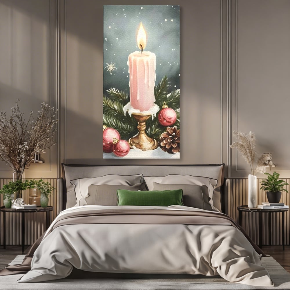 Tablou Canvas Premium, LuxCanva® D1070, Lumina de Craciun, Lumanare, Roz, Globuri, Flacara, Crengute, Brad, Con, Speranta, Caldura, Pace, Liniste, Seara, Spirit, Sfesnic, Camera Copil, Living, Dormitor