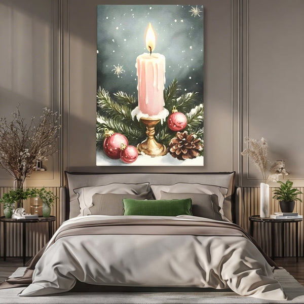 Tablou Canvas Premium, LuxCanva® D1070, Lumina de Craciun, Lumanare, Roz, Globuri, Flacara, Crengute, Brad, Con, Speranta, Caldura, Pace, Liniste, Seara, Spirit, Sfesnic, Camera Copil, Living, Dormitor