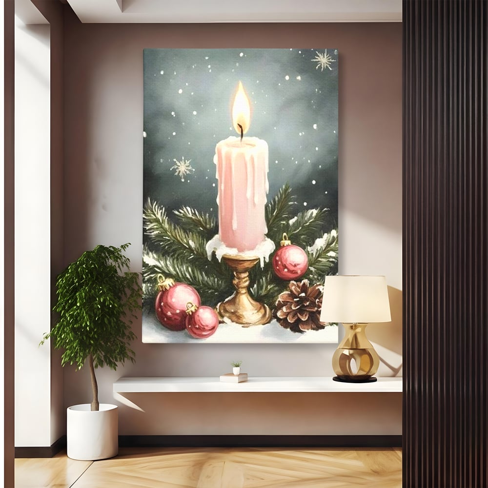 Tablou Canvas Premium, LuxCanva® D1070, Lumina de Craciun, Lumanare, Roz, Globuri, Flacara, Crengute, Brad, Con, Speranta, Caldura, Pace, Liniste, Seara, Spirit, Sfesnic, Camera Copil, Living, Dormitor