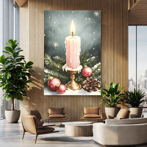 Tablou Canvas Premium, LuxCanva® D1070, Lumina de Craciun, Lumanare, Roz, Globuri, Flacara, Crengute, Brad, Con, Speranta, Caldura, Pace, Liniste, Seara, Spirit, Sfesnic, Camera Copil, Living, Dormitor