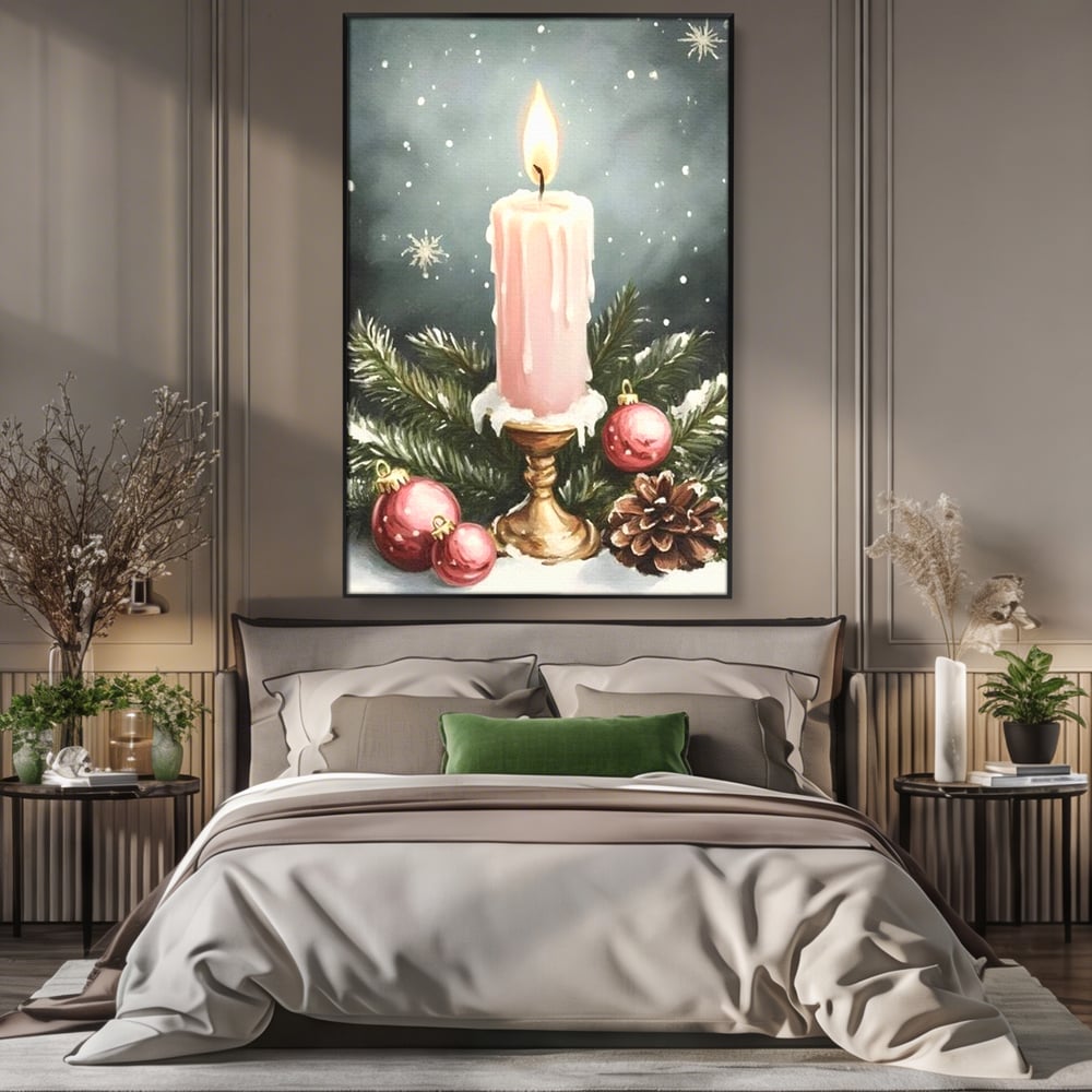 Tablou Canvas Premium, LuxCanva® D1070, Lumina de Craciun, Lumanare, Roz, Globuri, Flacara, Crengute, Brad, Con, Speranta, Caldura, Pace, Liniste, Seara, Spirit, Sfesnic, Camera Copil, Living, Dormitor