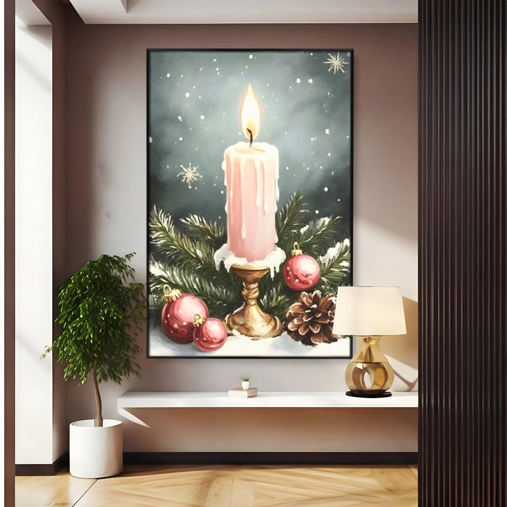 Tablou Canvas Premium, LuxCanva® D1070, Lumina de Craciun, Lumanare, Roz, Globuri, Flacara, Crengute, Brad, Con, Speranta, Caldura, Pace, Liniste, Seara, Spirit, Sfesnic, Camera Copil, Living, Dormitor