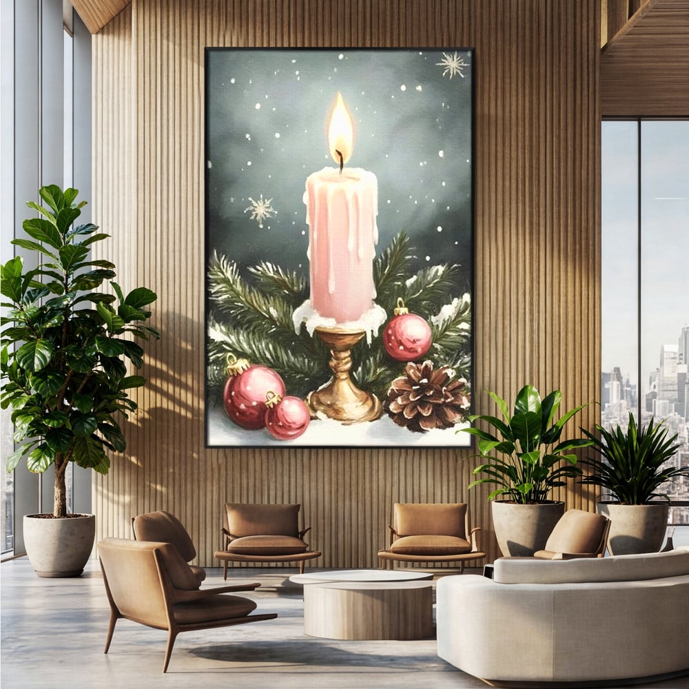 Tablou Canvas Premium, LuxCanva® D1070, Lumina de Craciun, Lumanare, Roz, Globuri, Flacara, Crengute, Brad, Con, Speranta, Caldura, Pace, Liniste, Seara, Spirit, Sfesnic, Camera Copil, Living, Dormitor