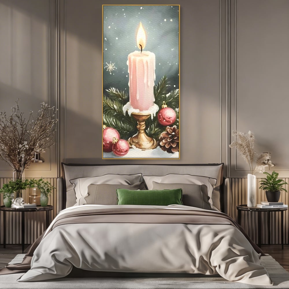Tablou Canvas Premium, LuxCanva® D1070, Lumina de Craciun, Lumanare, Roz, Globuri, Flacara, Crengute, Brad, Con, Speranta, Caldura, Pace, Liniste, Seara, Spirit, Sfesnic, Camera Copil, Living, Dormitor
