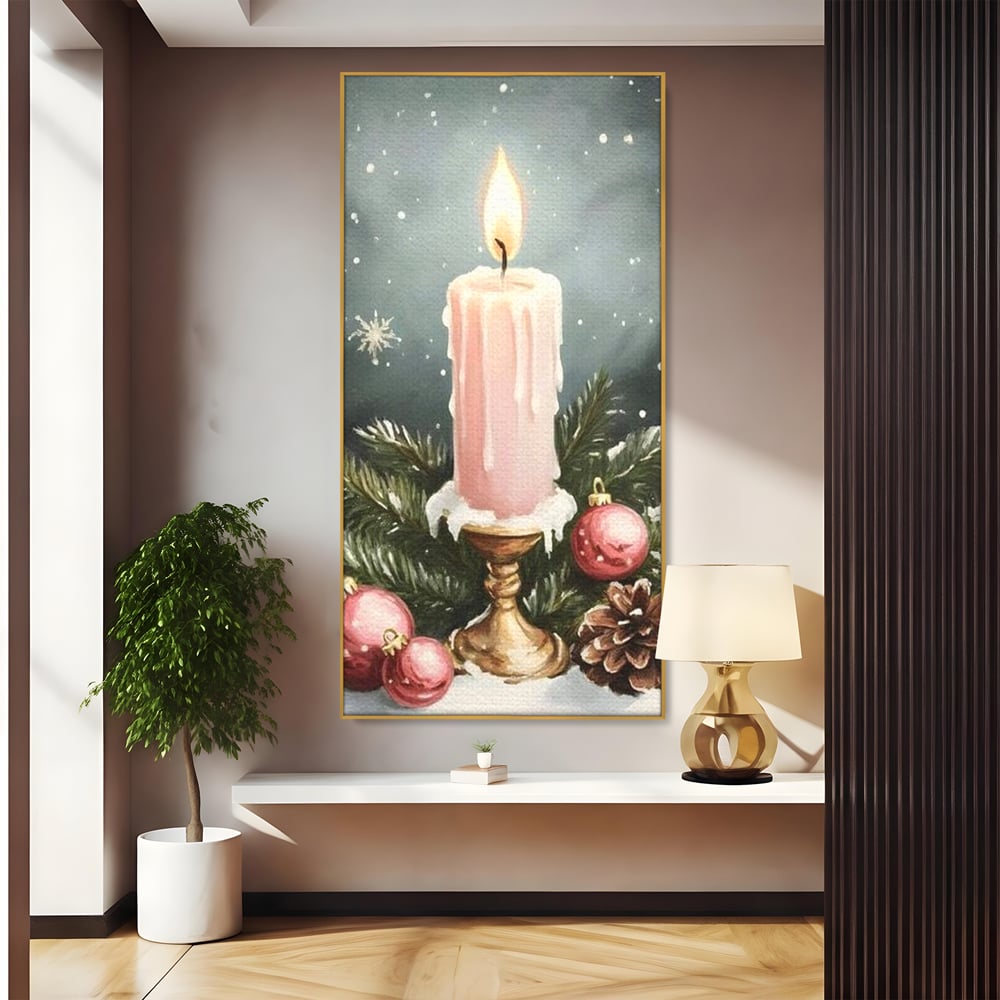 Tablou Canvas Premium, LuxCanva® D1070, Lumina de Craciun, Lumanare, Roz, Globuri, Flacara, Crengute, Brad, Con, Speranta, Caldura, Pace, Liniste, Seara, Spirit, Sfesnic, Camera Copil, Living, Dormitor
