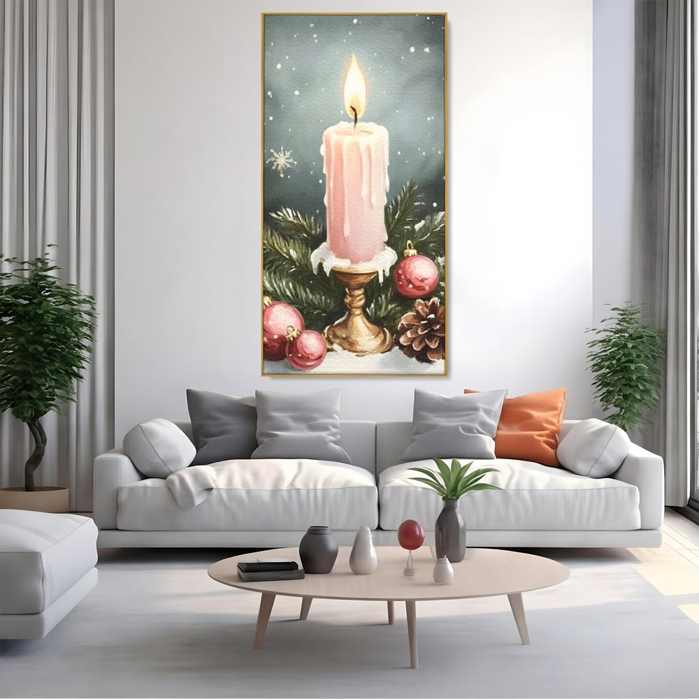 Tablou Canvas Premium, LuxCanva® D1070, Lumina de Craciun, Lumanare, Roz, Globuri, Flacara, Crengute, Brad, Con, Speranta, Caldura, Pace, Liniste, Seara, Spirit, Sfesnic, Camera Copil, Living, Dormitor