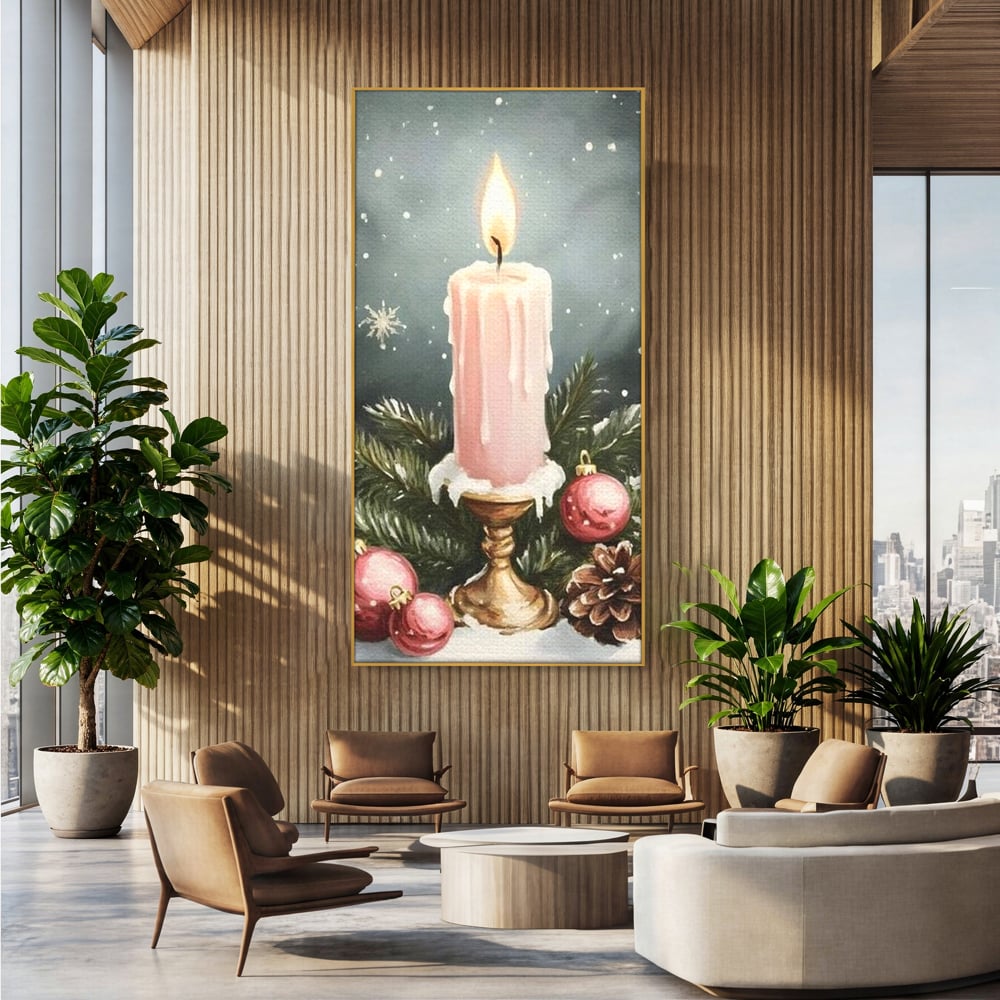 Tablou Canvas Premium, LuxCanva® D1070, Lumina de Craciun, Lumanare, Roz, Globuri, Flacara, Crengute, Brad, Con, Speranta, Caldura, Pace, Liniste, Seara, Spirit, Sfesnic, Camera Copil, Living, Dormitor