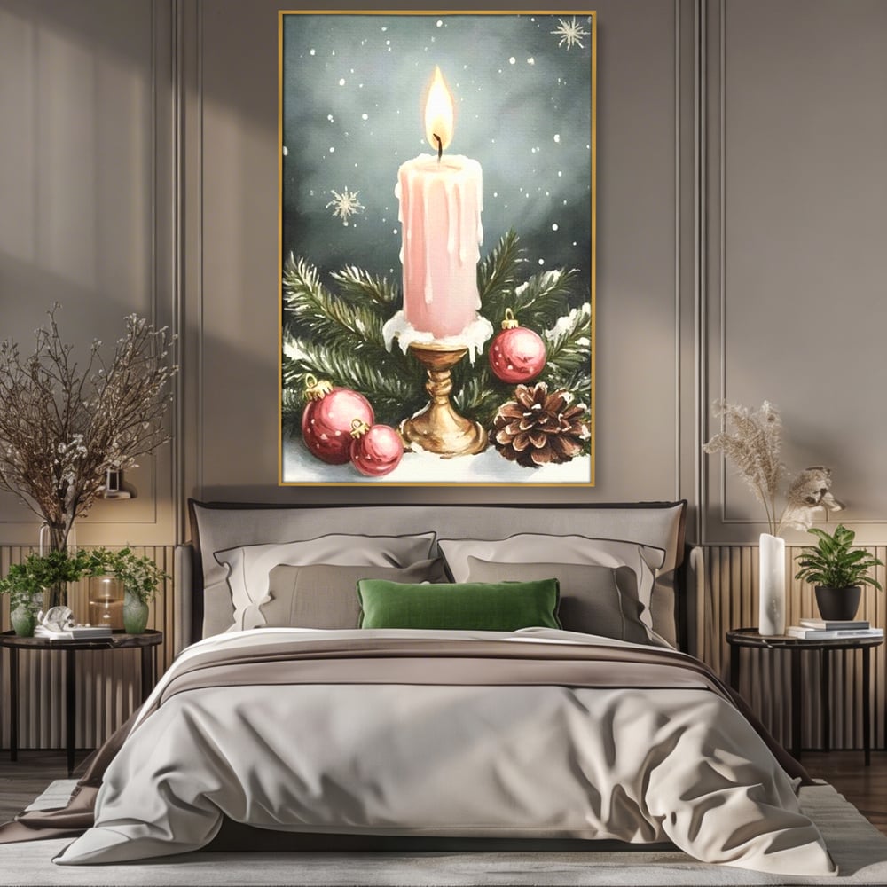 Tablou Canvas Premium, LuxCanva® D1070, Lumina de Craciun, Lumanare, Roz, Globuri, Flacara, Crengute, Brad, Con, Speranta, Caldura, Pace, Liniste, Seara, Spirit, Sfesnic, Camera Copil, Living, Dormitor