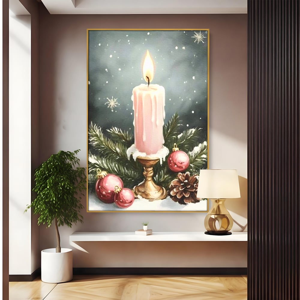 Tablou Canvas Premium, LuxCanva® D1070, Lumina de Craciun, Lumanare, Roz, Globuri, Flacara, Crengute, Brad, Con, Speranta, Caldura, Pace, Liniste, Seara, Spirit, Sfesnic, Camera Copil, Living, Dormitor