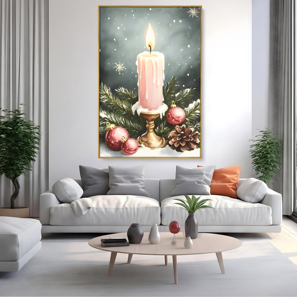 Tablou Canvas Premium, LuxCanva® D1070, Lumina de Craciun, Lumanare, Roz, Globuri, Flacara, Crengute, Brad, Con, Speranta, Caldura, Pace, Liniste, Seara, Spirit, Sfesnic, Camera Copil, Living, Dormitor