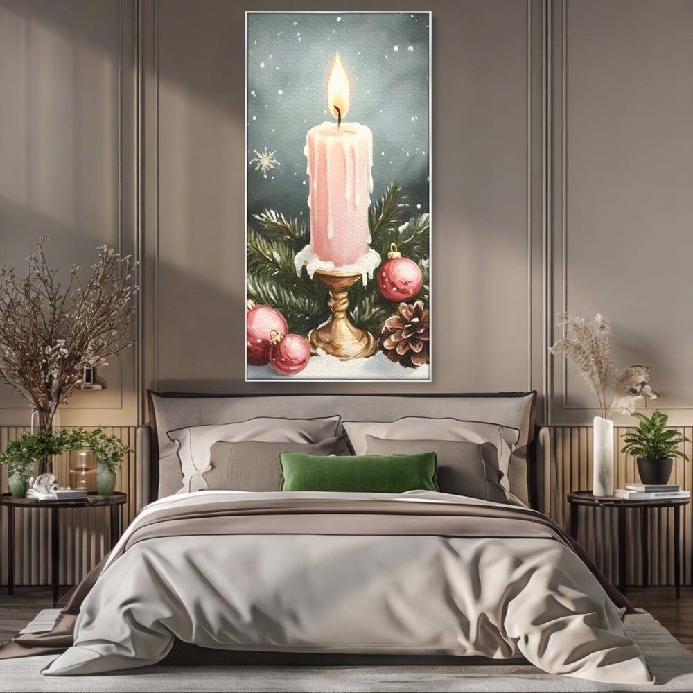 Tablou Canvas Premium, LuxCanva® D1070, Lumina de Craciun, Lumanare, Roz, Globuri, Flacara, Crengute, Brad, Con, Speranta, Caldura, Pace, Liniste, Seara, Spirit, Sfesnic, Camera Copil, Living, Dormitor