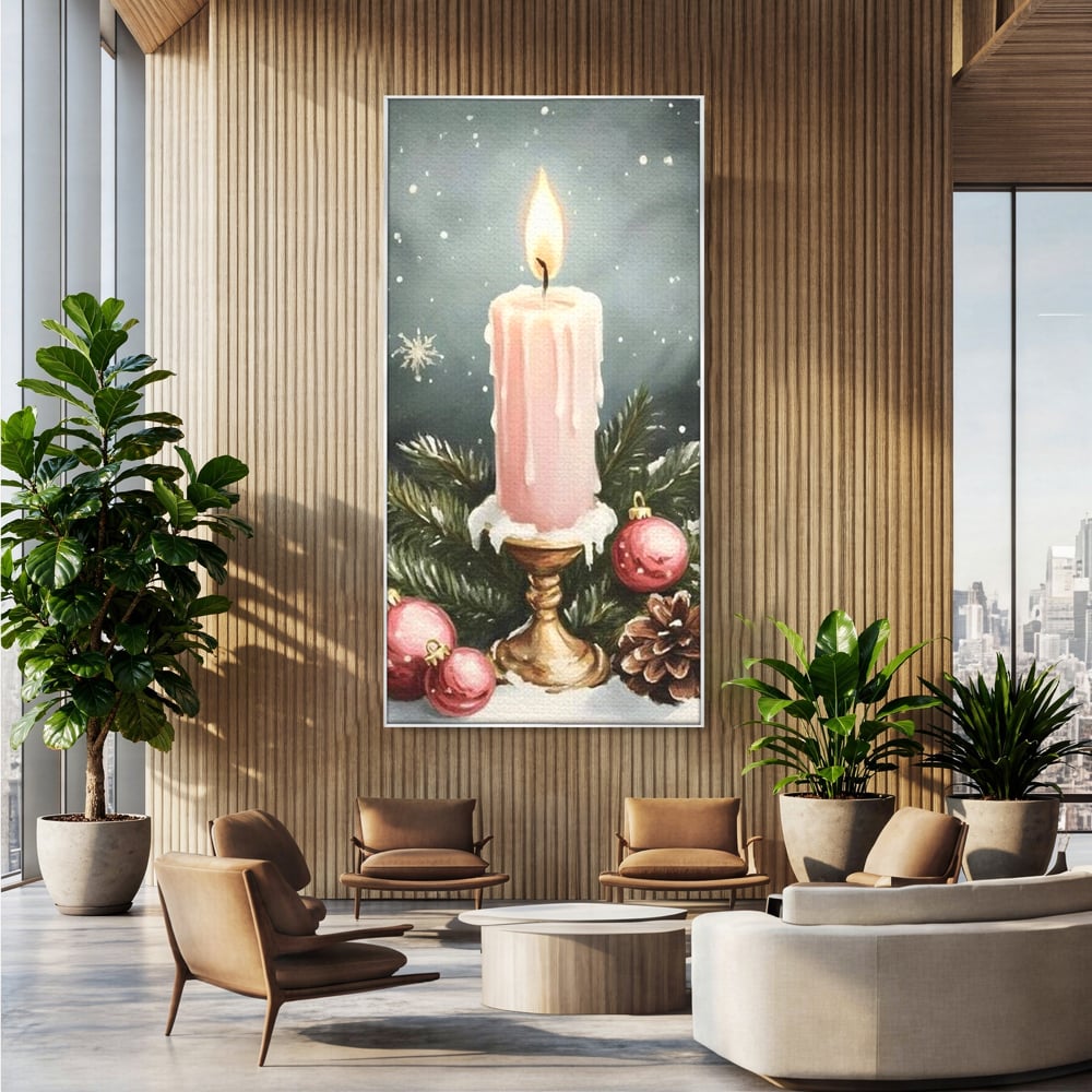 Tablou Canvas Premium, LuxCanva® D1070, Lumina de Craciun, Lumanare, Roz, Globuri, Flacara, Crengute, Brad, Con, Speranta, Caldura, Pace, Liniste, Seara, Spirit, Sfesnic, Camera Copil, Living, Dormitor