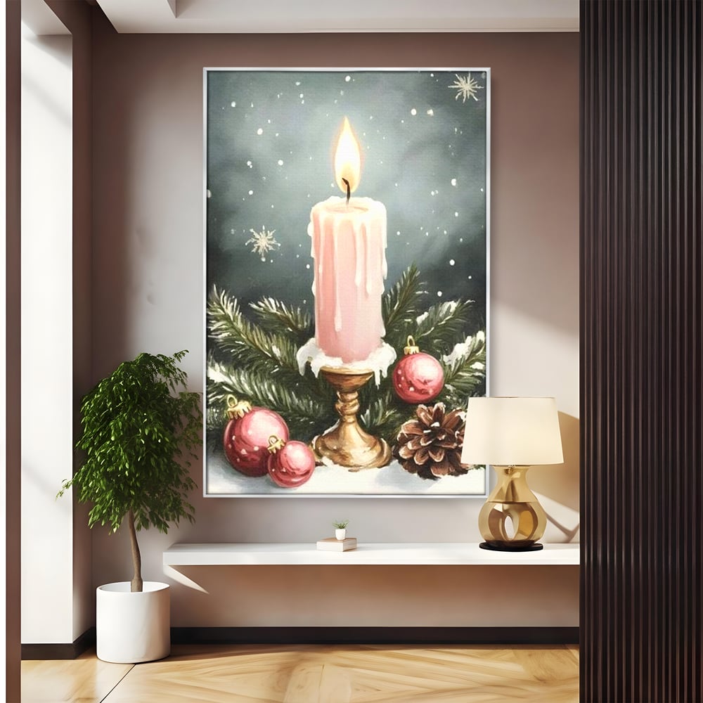 Tablou Canvas Premium, LuxCanva® D1070, Lumina de Craciun, Lumanare, Roz, Globuri, Flacara, Crengute, Brad, Con, Speranta, Caldura, Pace, Liniste, Seara, Spirit, Sfesnic, Camera Copil, Living, Dormitor