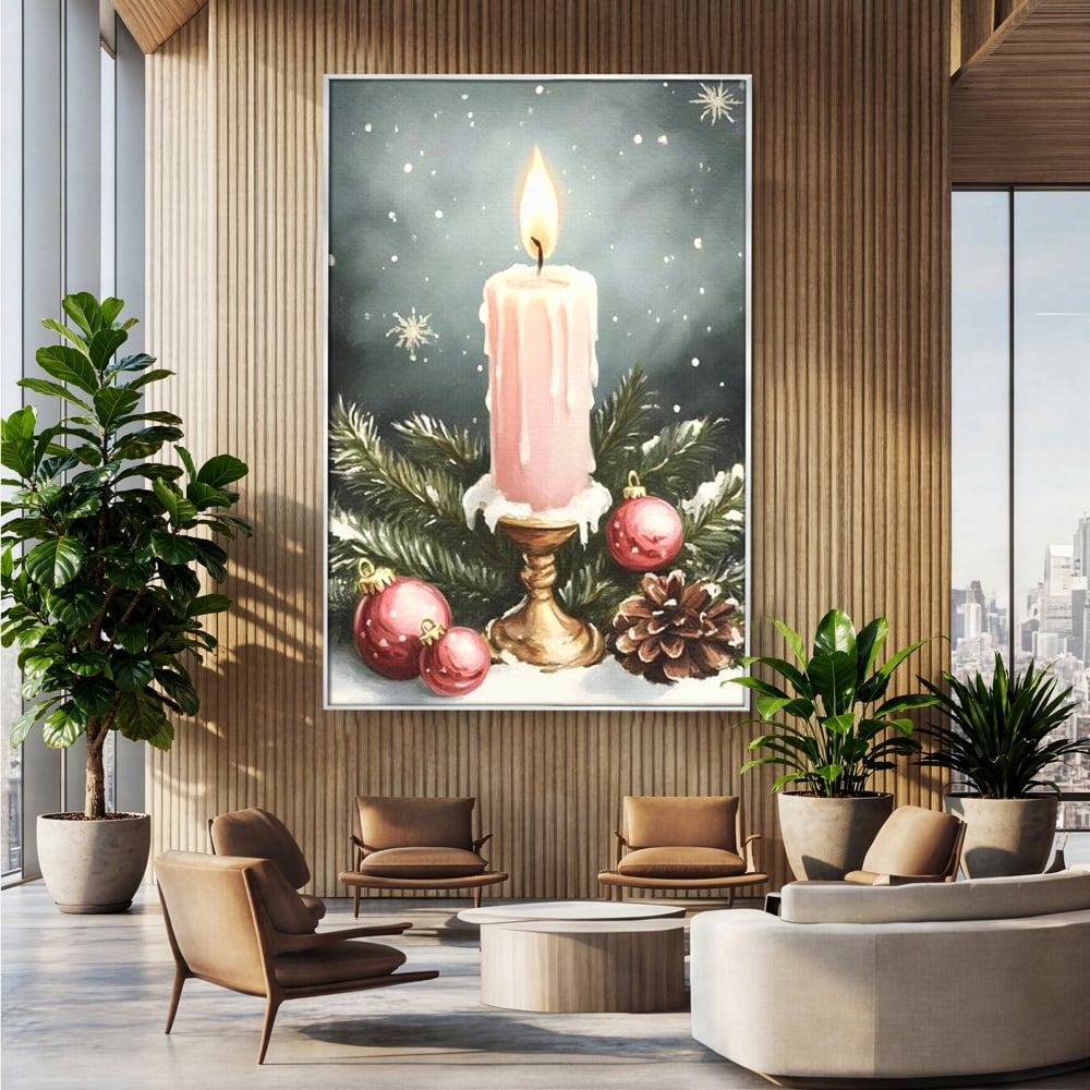 Tablou Canvas Premium, LuxCanva® D1070, Lumina de Craciun, Lumanare, Roz, Globuri, Flacara, Crengute, Brad, Con, Speranta, Caldura, Pace, Liniste, Seara, Spirit, Sfesnic, Camera Copil, Living, Dormitor