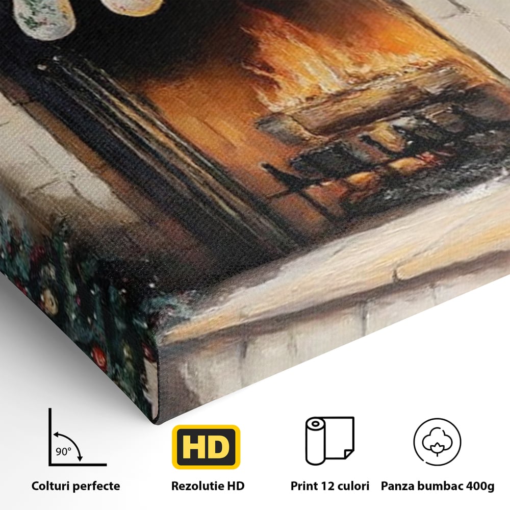 Tablou Canvas Premium, LuxCanva® D1071, Poveste langa Semineu, Ciorapi, Craciun, Brad, Impodobit, Cadou, Foc, Lemne, Familie, Camin, Soba, Fericire, Emotie, Magie, Camera Copil, Living, Dormitor