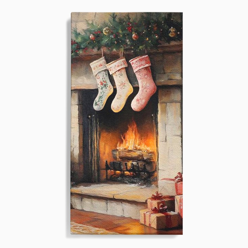 Tablou Canvas Premium, LuxCanva® D1071, Poveste langa Semineu, Ciorapi, Craciun, Brad, Impodobit, Cadou, Foc, Lemne, Familie, Camin, Soba, Fericire, Emotie, Magie, Camera Copil, Living, Dormitor