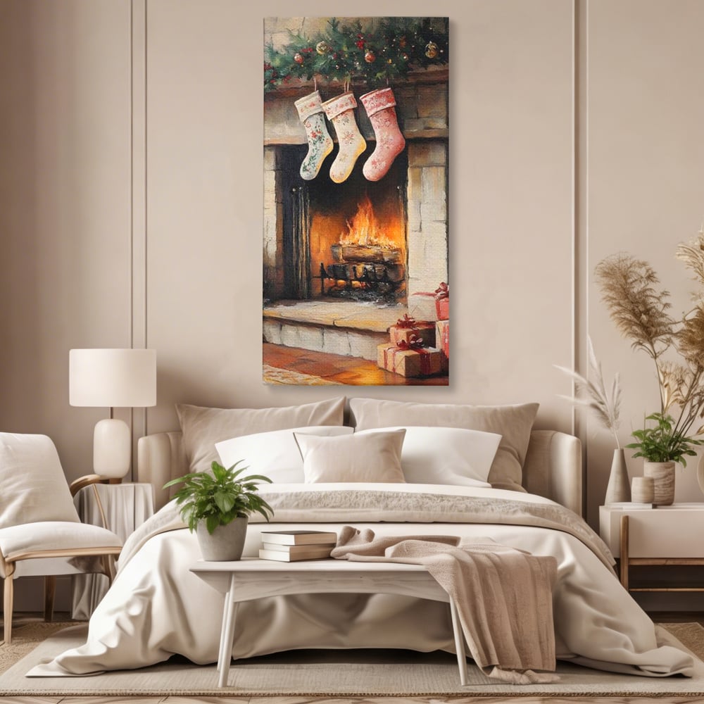 Tablou Canvas Premium, LuxCanva® D1071, Poveste langa Semineu, Ciorapi, Craciun, Brad, Impodobit, Cadou, Foc, Lemne, Familie, Camin, Soba, Fericire, Emotie, Magie, Camera Copil, Living, Dormitor