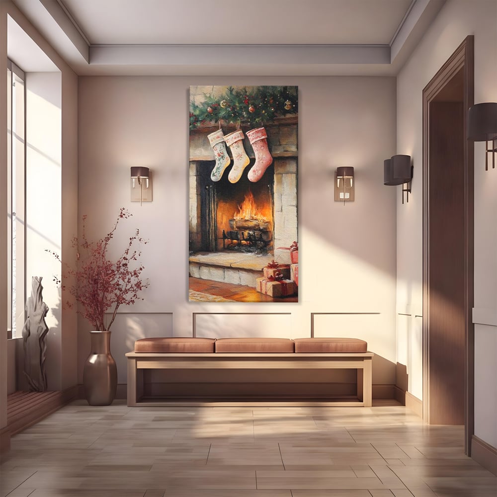 Tablou Canvas Premium, LuxCanva® D1071, Poveste langa Semineu, Ciorapi, Craciun, Brad, Impodobit, Cadou, Foc, Lemne, Familie, Camin, Soba, Fericire, Emotie, Magie, Camera Copil, Living, Dormitor