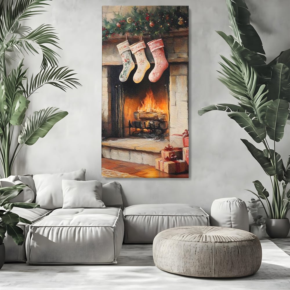 Tablou Canvas Premium, LuxCanva® D1071, Poveste langa Semineu, Ciorapi, Craciun, Brad, Impodobit, Cadou, Foc, Lemne, Familie, Camin, Soba, Fericire, Emotie, Magie, Camera Copil, Living, Dormitor