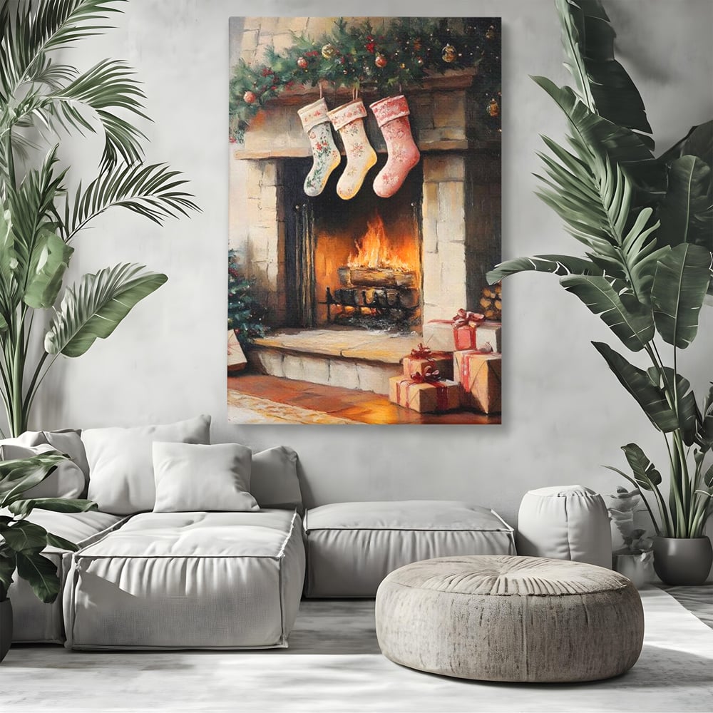 Tablou Canvas Premium, LuxCanva® D1071, Poveste langa Semineu, Ciorapi, Craciun, Brad, Impodobit, Cadou, Foc, Lemne, Familie, Camin, Soba, Fericire, Emotie, Magie, Camera Copil, Living, Dormitor