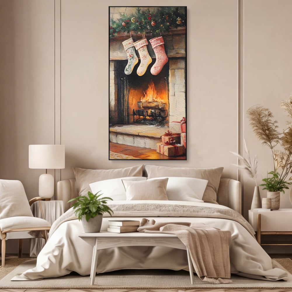 Tablou Canvas Premium, LuxCanva® D1071, Poveste langa Semineu, Ciorapi, Craciun, Brad, Impodobit, Cadou, Foc, Lemne, Familie, Camin, Soba, Fericire, Emotie, Magie, Camera Copil, Living, Dormitor